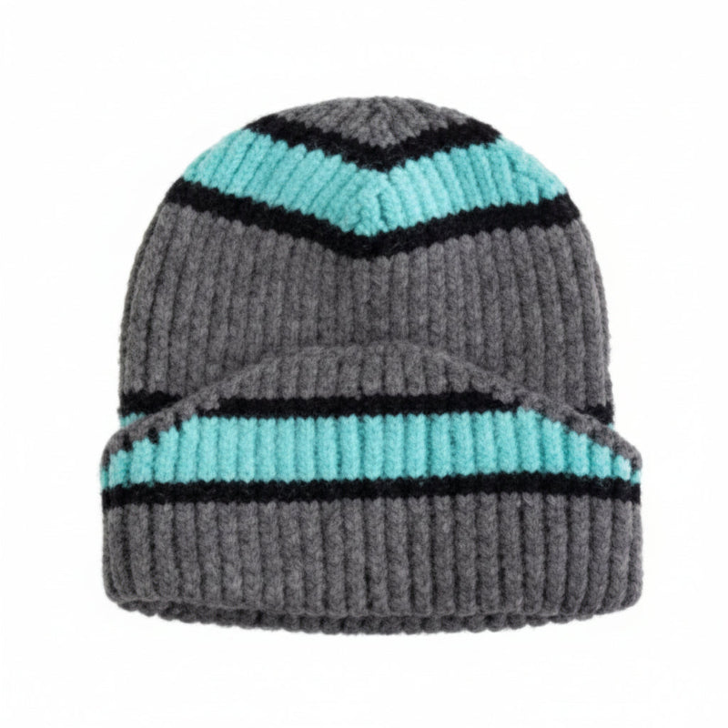 Gray knit beanie with blue and black stripes on a white background