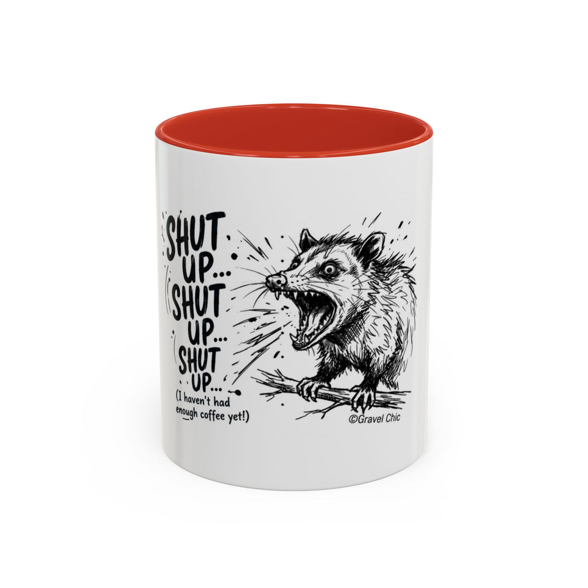 Panicked Possum Coffee Mug — "SHUT UP" Accent Ceramic Mug (11/15oz)