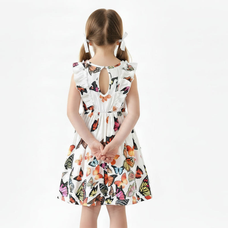Girls' Spring, Summer Sleeveless Ruffle Butterfly-Print Dress