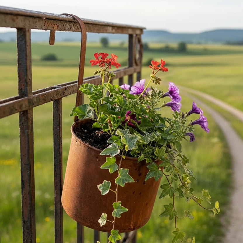 Distressed Flower Bucket, Antique Styles Rusted Finish Metal Planter with Hanging Hook