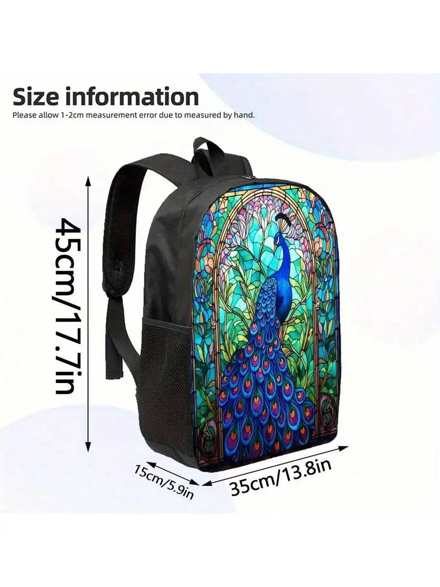 Stained Glass Peacock Print Backpack 17 Inch Large Capacity Lightweight Unisex School Travel Bag