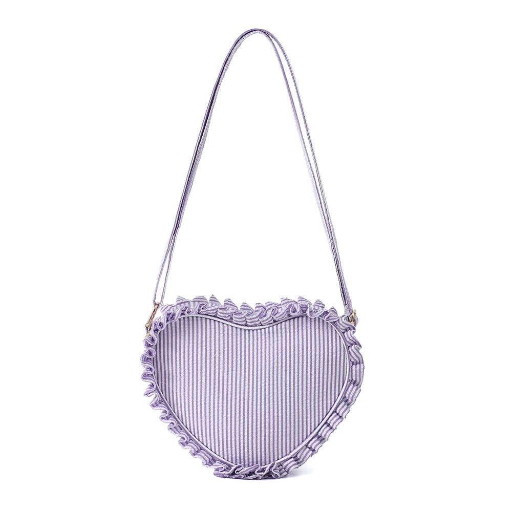 Ruffle Heart Shape Crossbody Bag Fashion Stripe Pink Girl Seersucker Zipper Sling Bags For Women Outdoor Travel Mini Purse