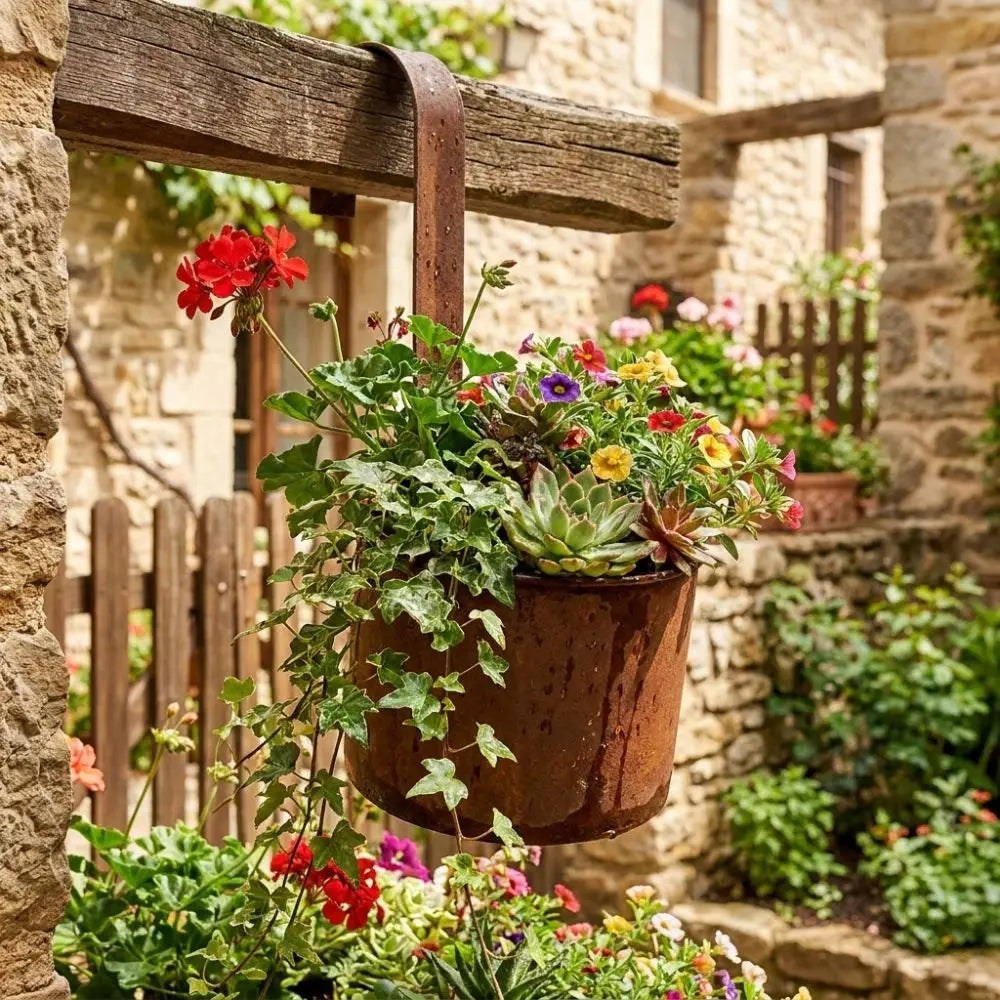 Handcrafted Wall Hanging Flower Bucket Antique Styles Rusted Iron Hanging Flowerpot Weather-Resistant Unique Metal Plant Hangers