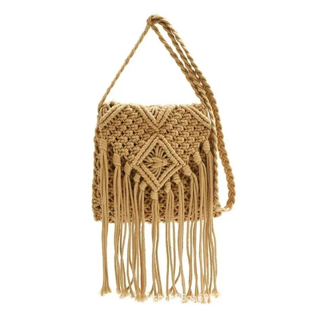 Simple Ethnic Style Woven Straw Bag Solid Color Fringe Tassel Shoulder Bag Coin Purse Phone Bag Women Crossbody Bag Beach