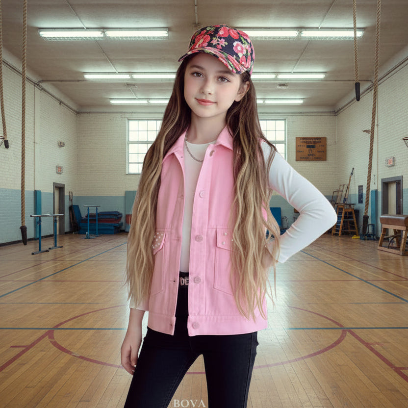 Pink Denim-Style Vest – Beaded Accents (Ages 7-13)