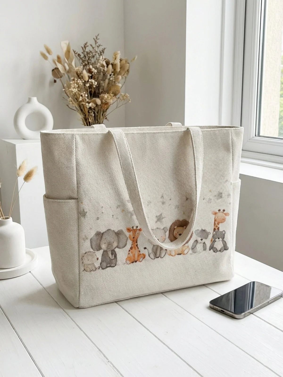 Animal print large capacity women's handbag, canvas shoulder bag, casual commuting shopping bag
