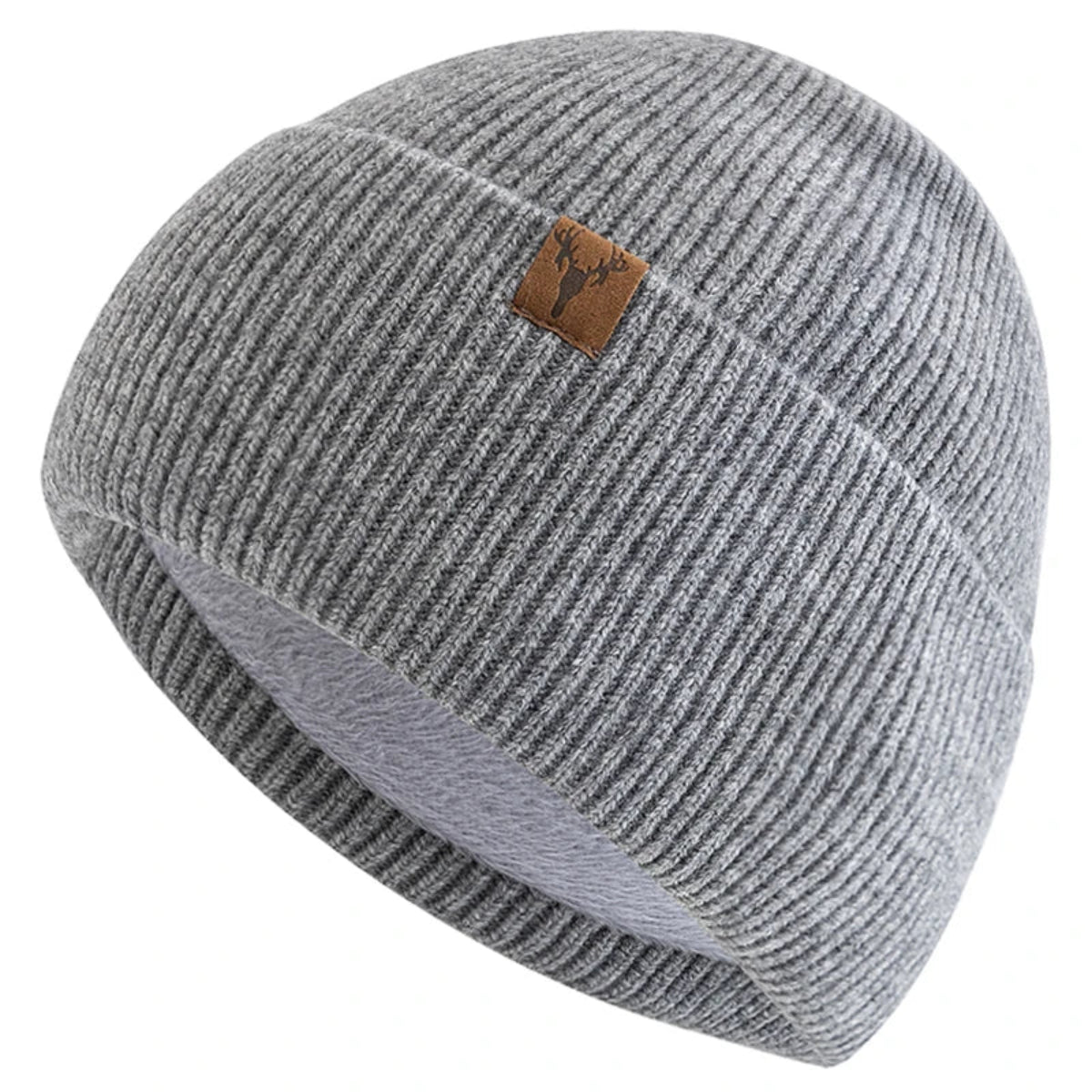Winter Hat Plush Fleece-Lined Knit Cap--Knitted Hat w Deer Head Patch Accent