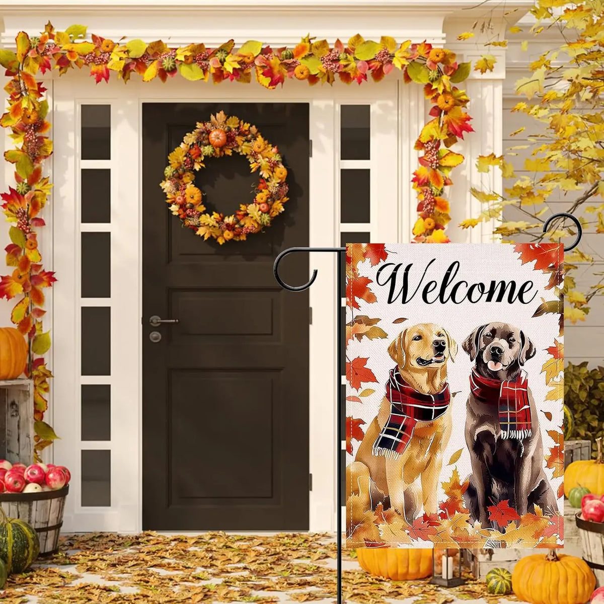 Black and Golden Labs Among Autumn Leaves Yard, Garden Welcome Flag