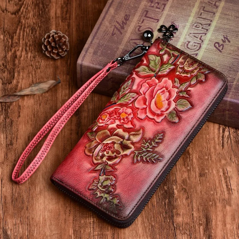 Nesitu Highend Vintage Long Size Flower Brown Coffee Red Top Grain Genuine Leather Women Clutch Wallet Lady Phone Purse M004