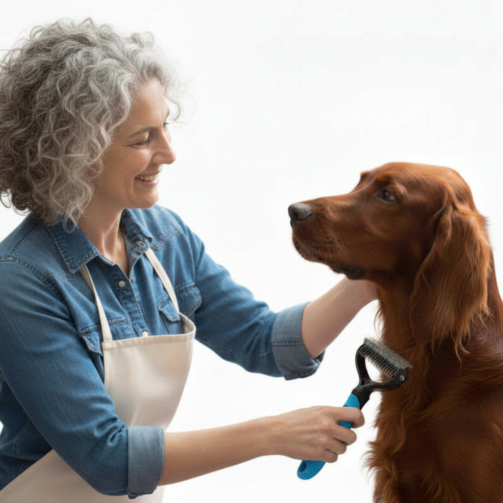 Woman grooming Irish setter dog