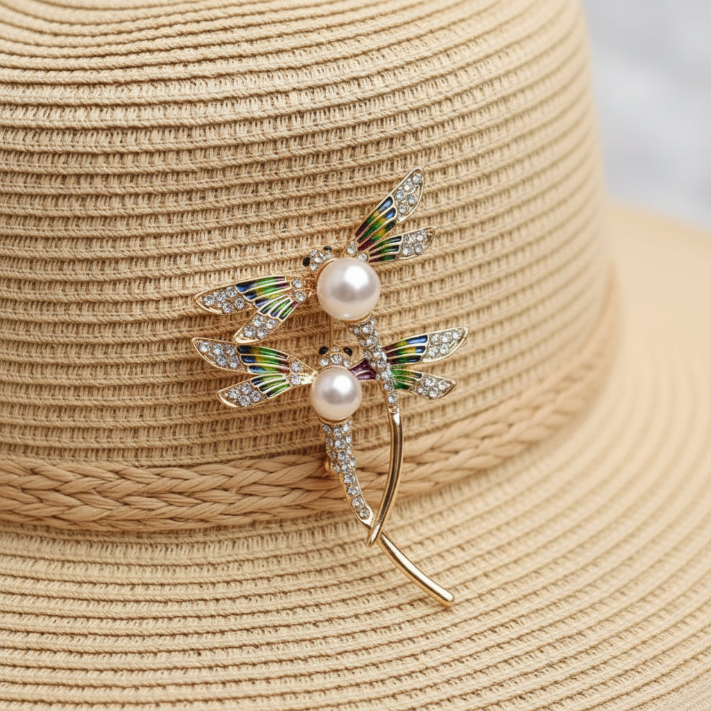 Double Dragonfly Brooch with Pearl Accents – Vintage-Inspired Nature Jewelry Gift for Women