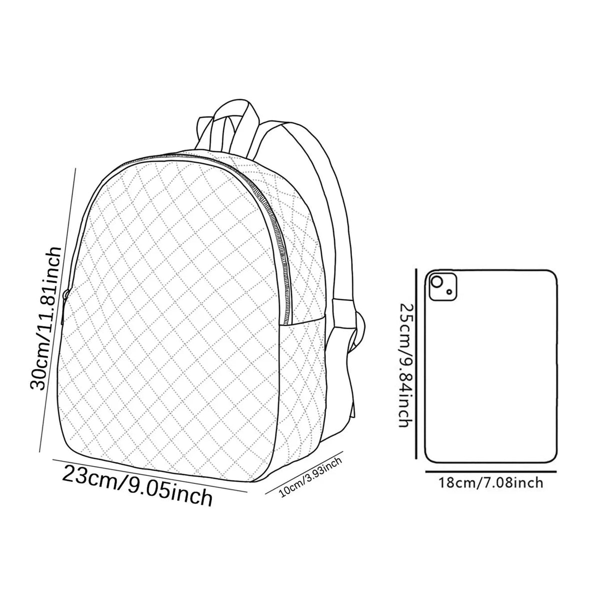 Black and white line drawing of a backpack with dimension labels showing height, width, and depth, alongside a separate label indicating a phone size of 18cm by 25cm.