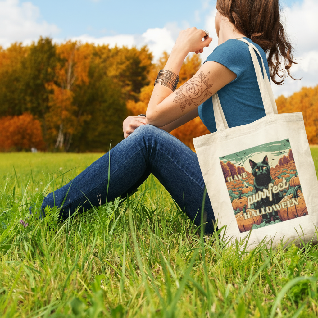 Purrfect Black Cat Halloween Cotton Canvas Tote Bag