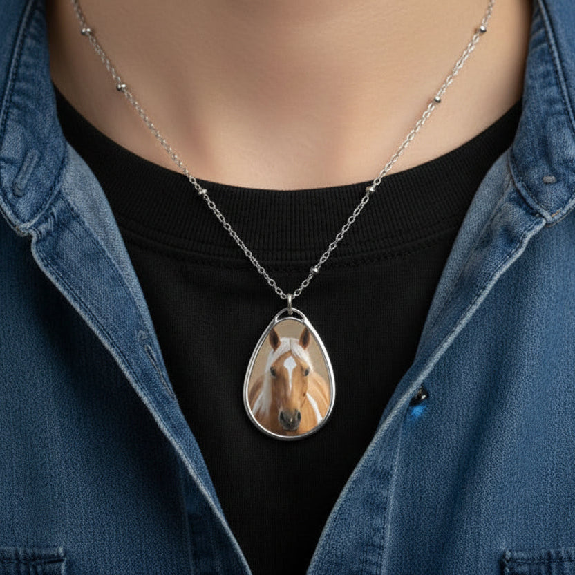 Palamino Horse Portrait Oval Necklace — Silver Teardrop Pendant