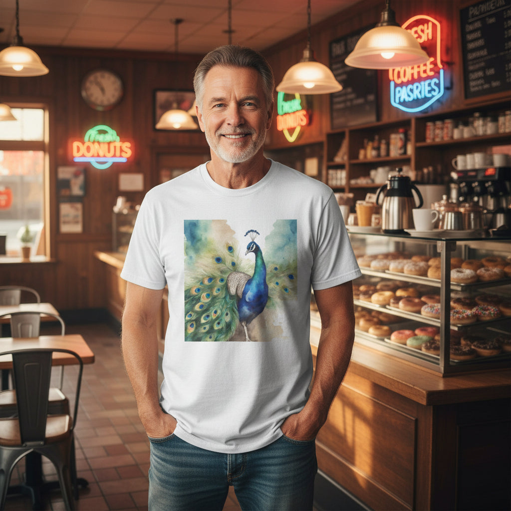 Watercolor of Proud Peacock Display Cotton T-shirt