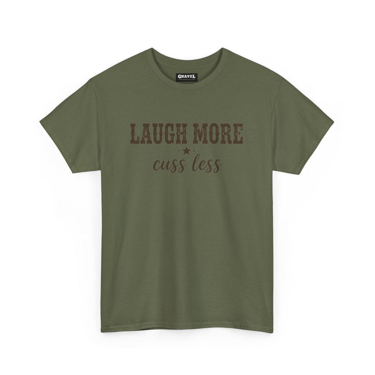 Laugh More, Cuss Less Tee — Vintage Script Graphic T‑Shirt