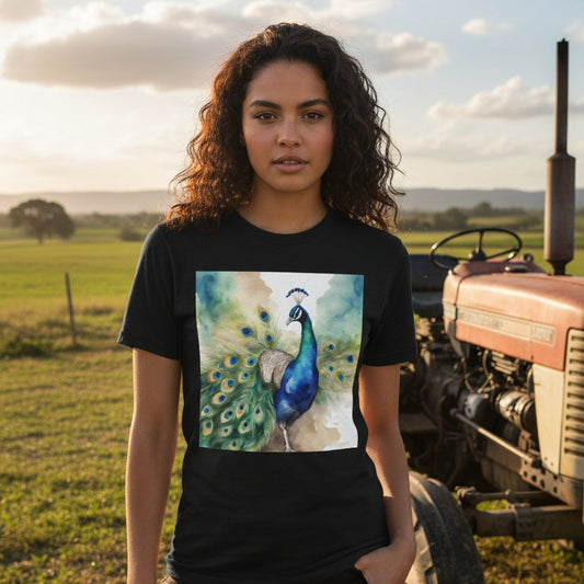 Watercolor of Proud Peacock Display Cotton T-shirt
