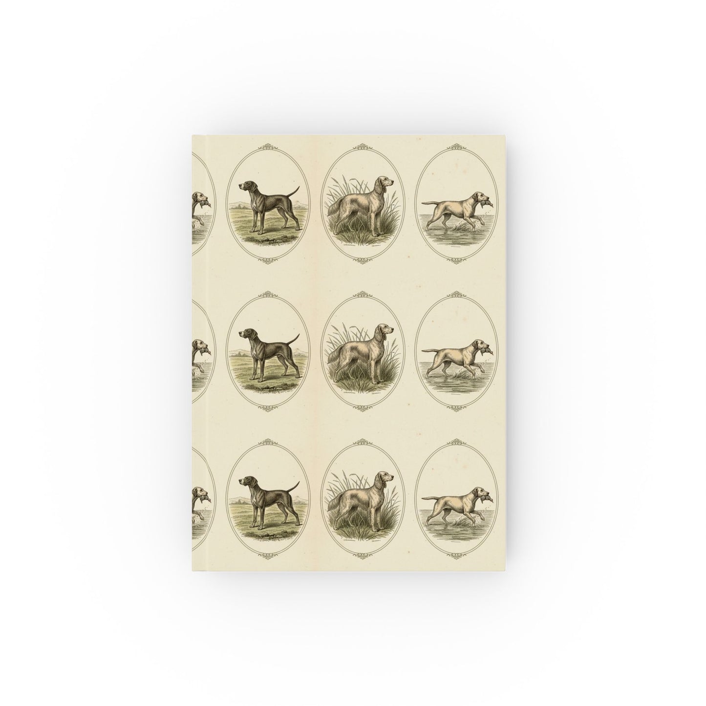 Vintage Hunting Dogs Sketch, Brown Lines on Beige Pattern— Hardback Blank or Ruled Notebook
