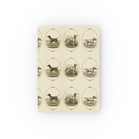 Vintage Hunting Dogs Sketch, Brown Lines on Beige Pattern— Hardback Blank or Ruled Notebook