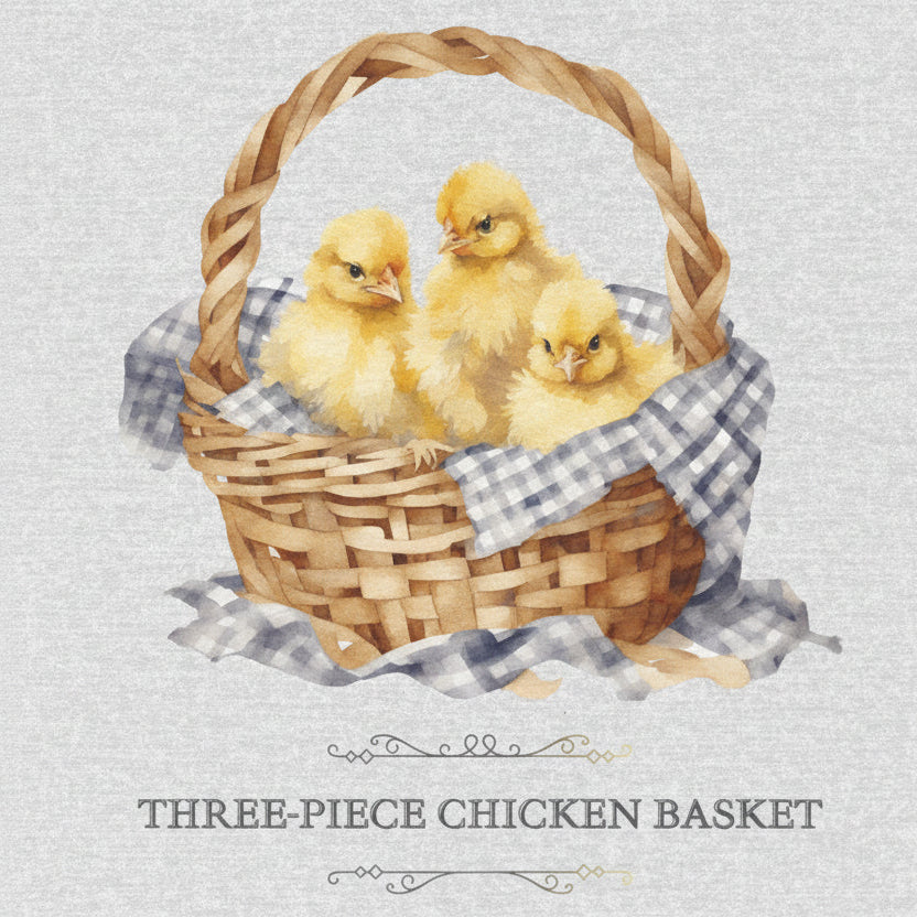 Three baby chicks in a woven basket with a checkered cloth on a light gray background.