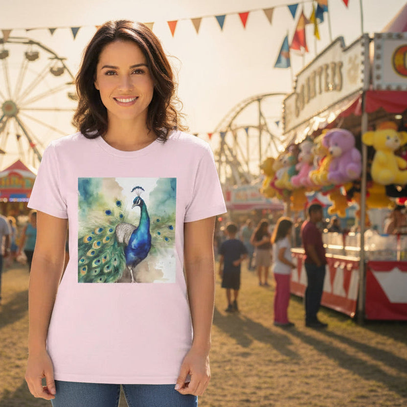 Watercolor of Proud Peacock Display Cotton T-shirt