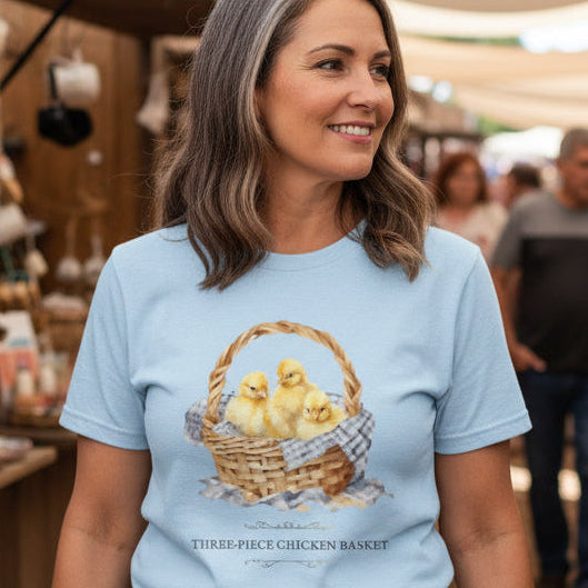 Three-Piece Chicken Basket-Cute Chicken Chick T-shirt-100 Percent Cotton Farm-theme T-shirt