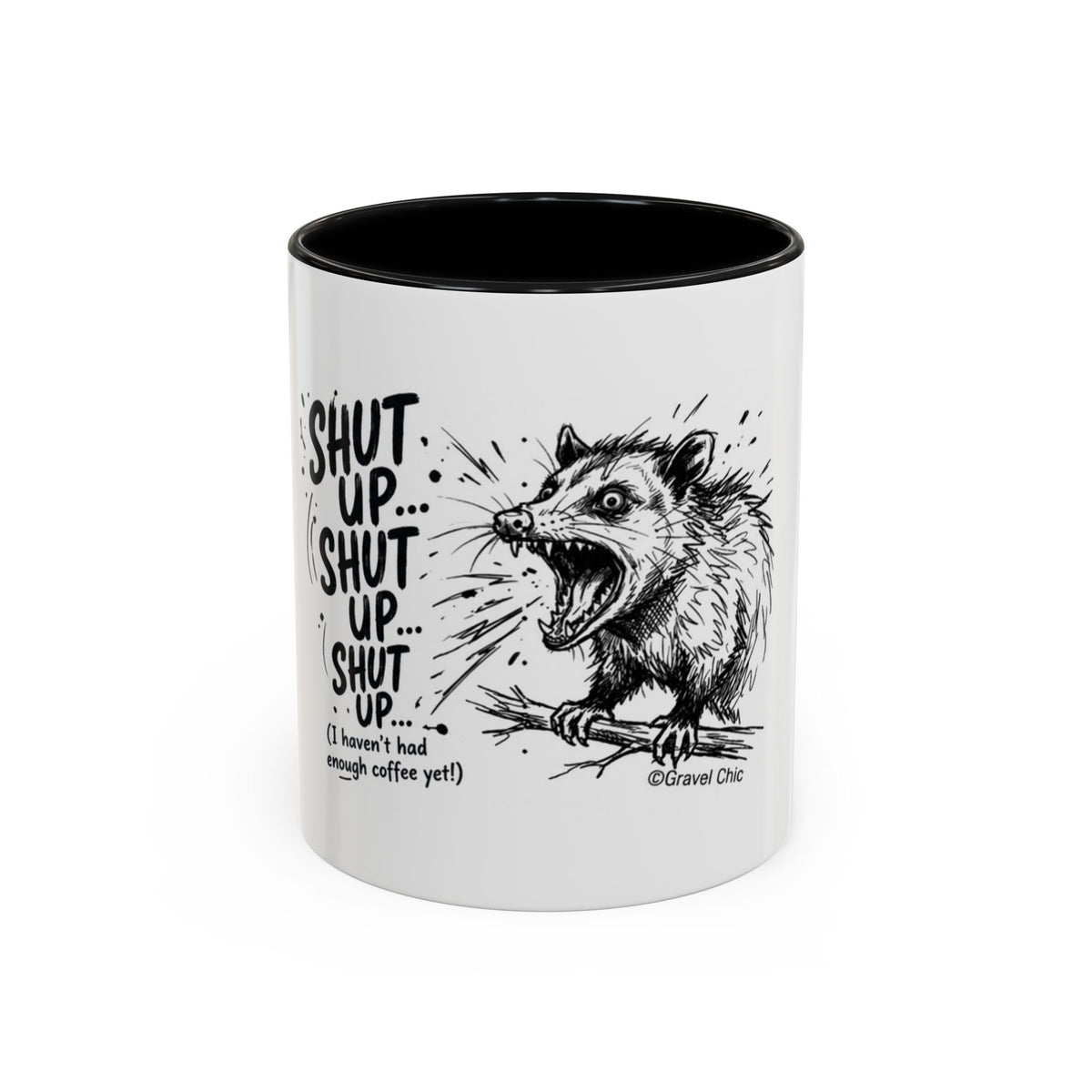 Panicked Possum Coffee Mug — "SHUT UP" Accent Ceramic Mug (11/15oz)