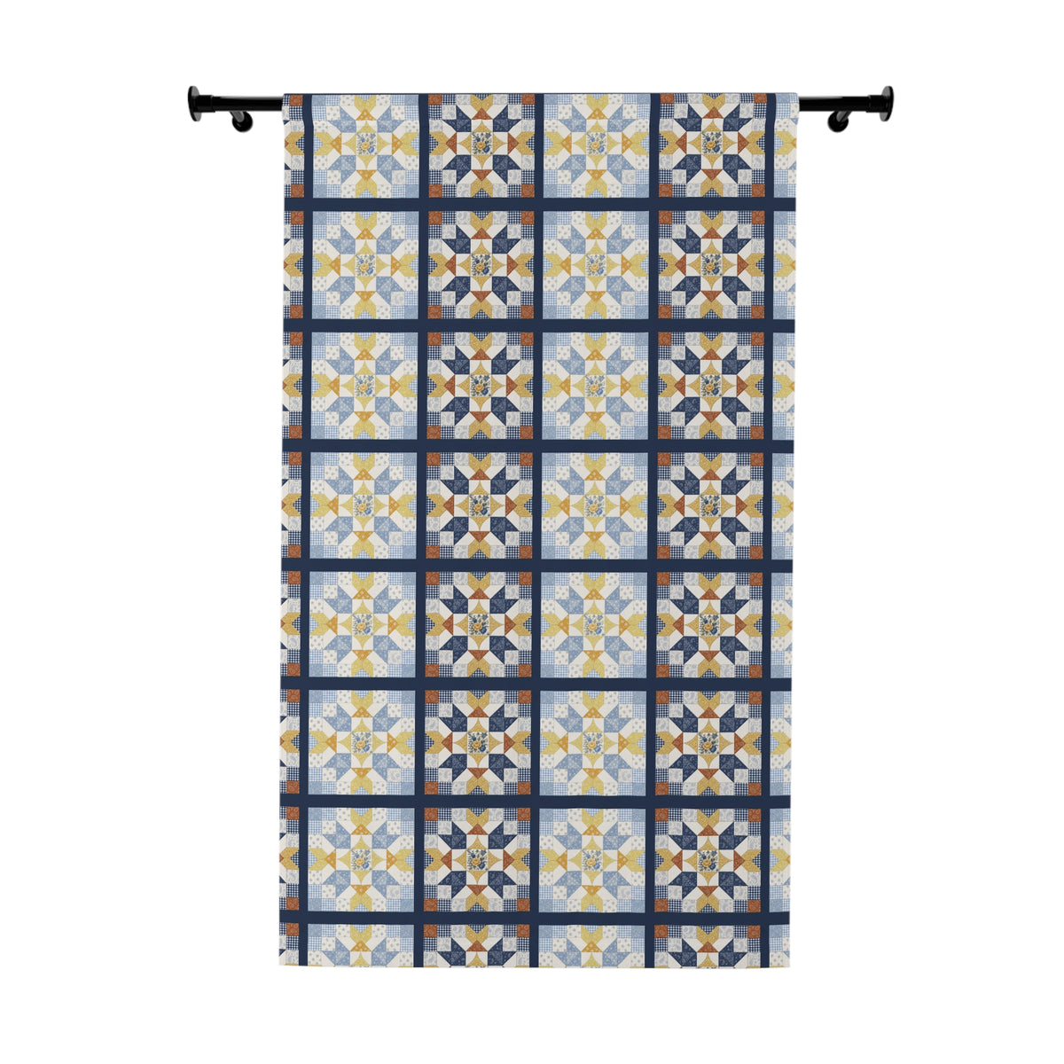 American Geometric Blues and Golds Patchwork Quilt Square Pattern PRINT Window Curtain – Blue & Yellow SINGLE Panel