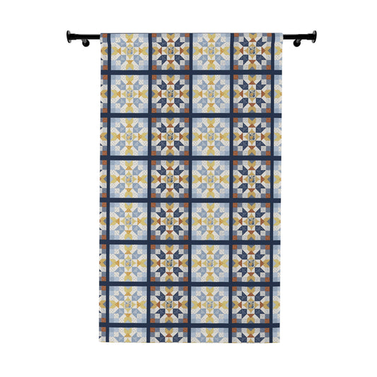 American Geometric Blues and Golds Patchwork Quilt Square Pattern PRINT Window Curtain – Blue & Yellow SINGLE Panel
