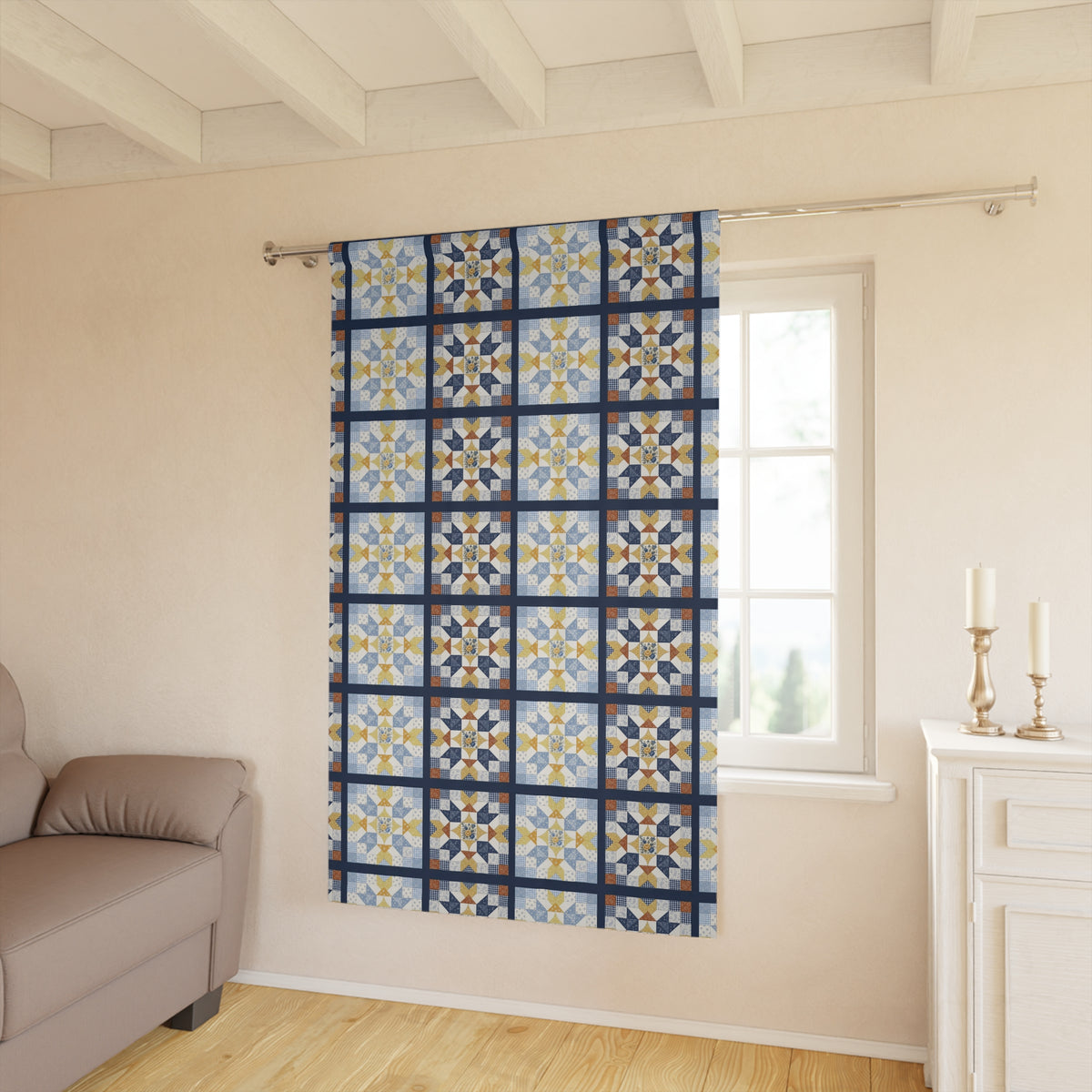 American Geometric Blues and Golds Patchwork Quilt Square Pattern PRINT Window Curtain – Blue & Yellow SINGLE Panel