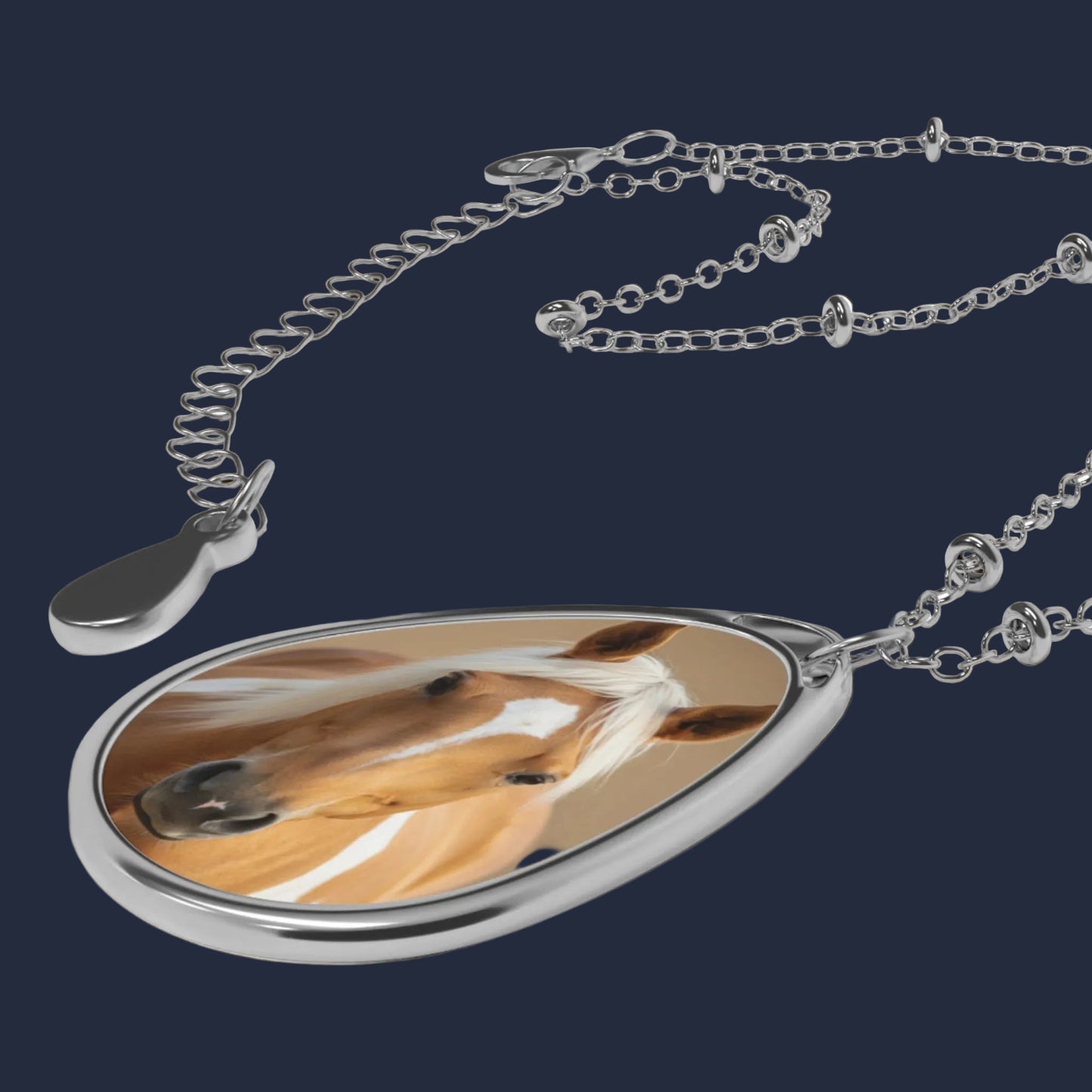 Palamino Horse Portrait Oval Necklace — Silver Teardrop Pendant