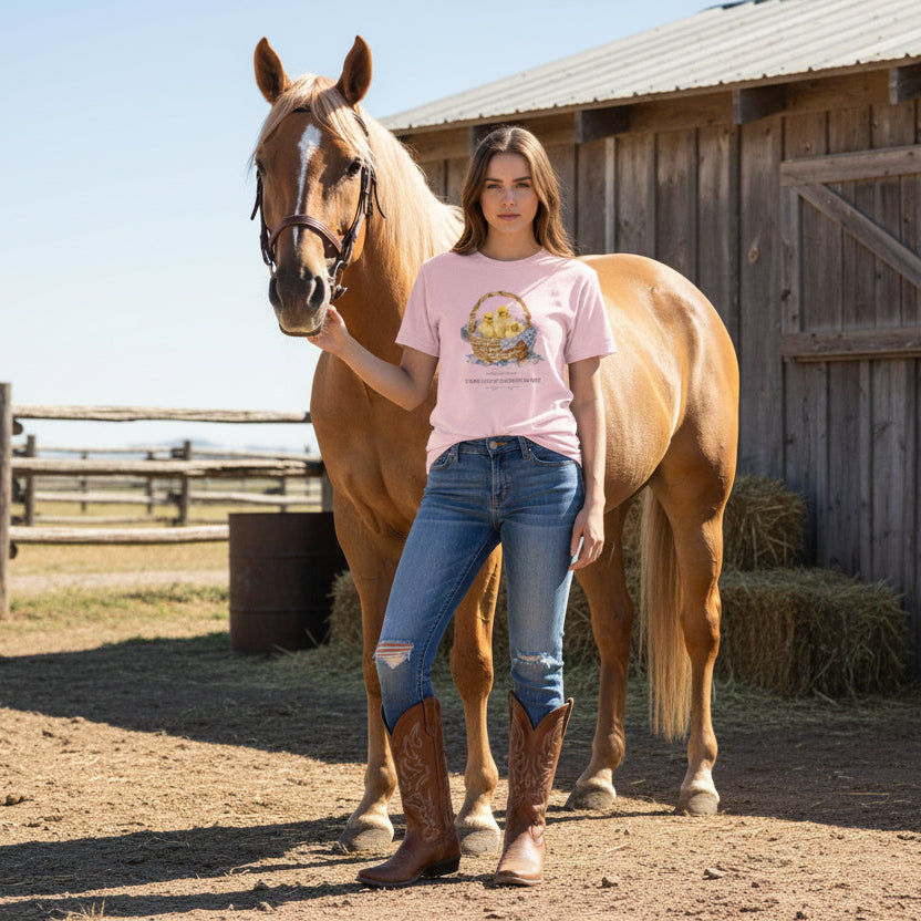 Girl wearing pink chicken tee shirt standing next to a horse