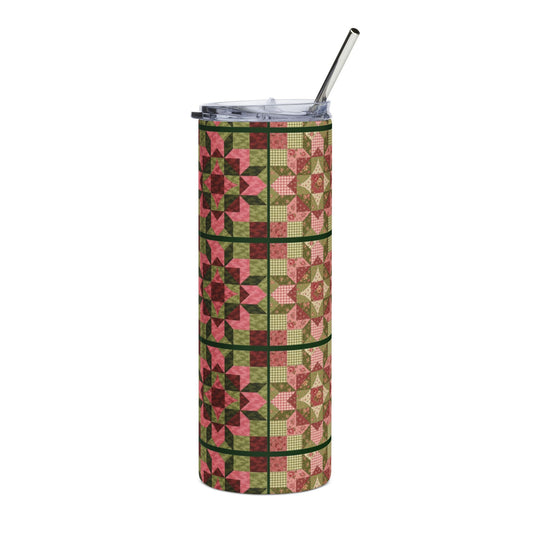 Vintage Olive and Rose Colors Quilt Patchwork PRINT Design 20oz Stainless Tumbler
