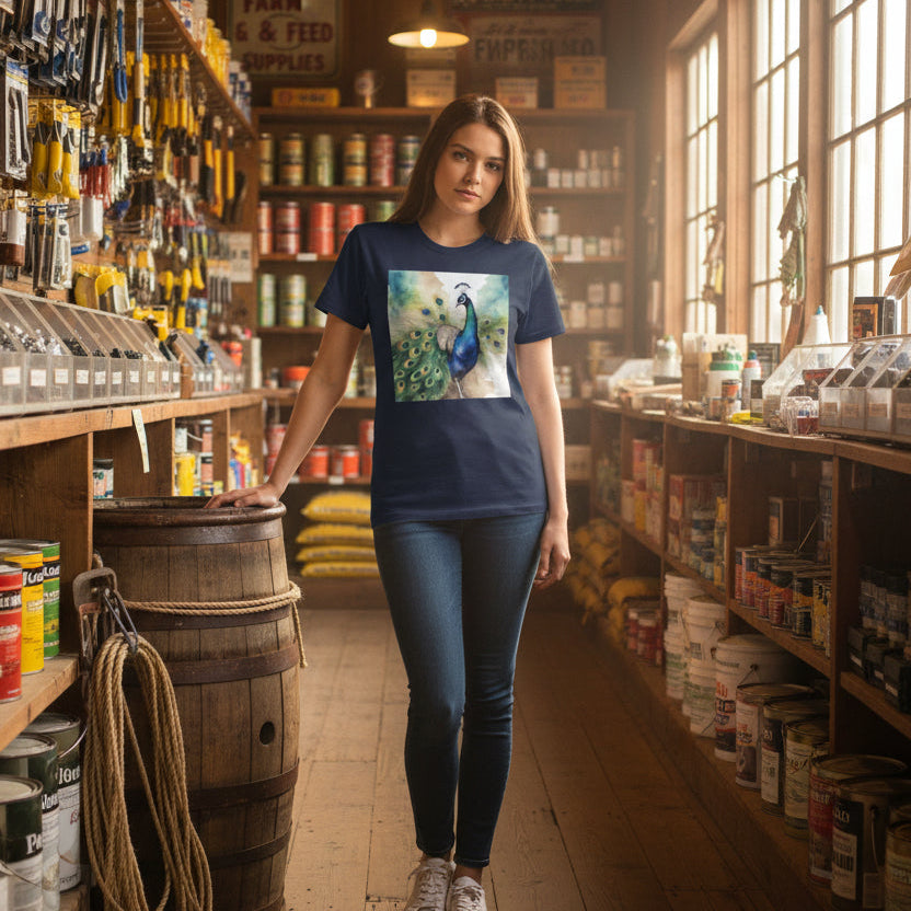 Watercolor of Proud Peacock Display Cotton T-shirt