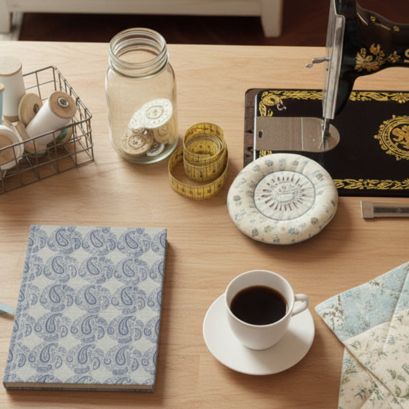 Blue-on-Grey Paisley Print Circles Cover — Hardback Blank or Ruled Notebook