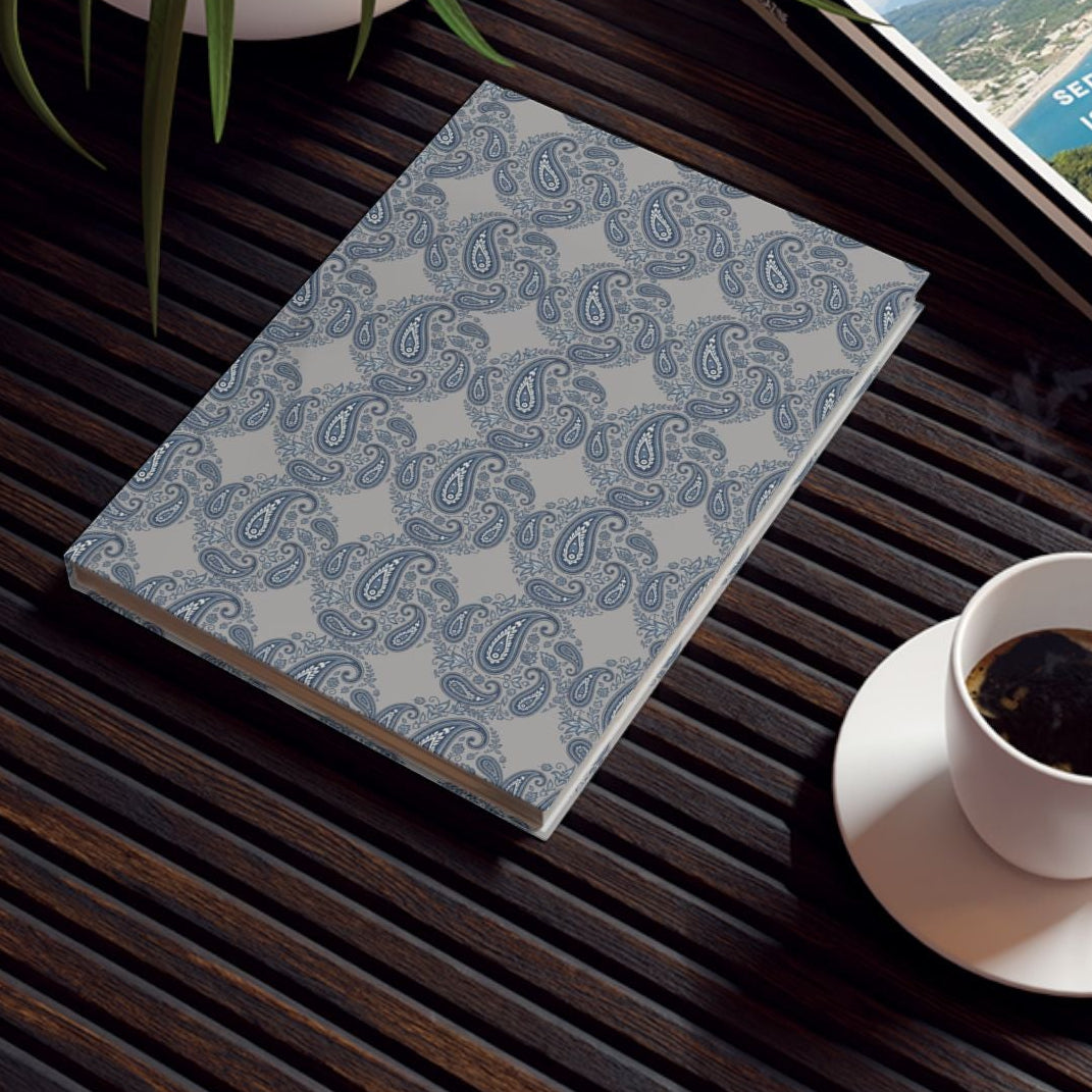 Blue-on-Grey Paisley Print Circles Cover — Hardback Blank or Ruled Notebook