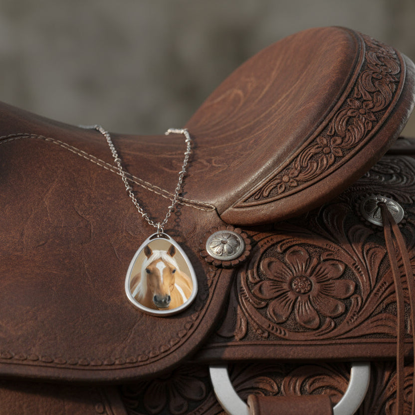 Palamino Horse Portrait Oval Necklace — Silver Teardrop Pendant