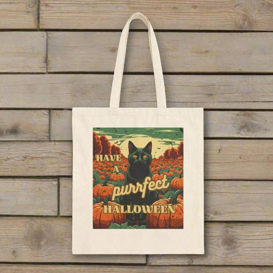 Purrfect Black Cat Halloween Cotton Canvas Tote Bag