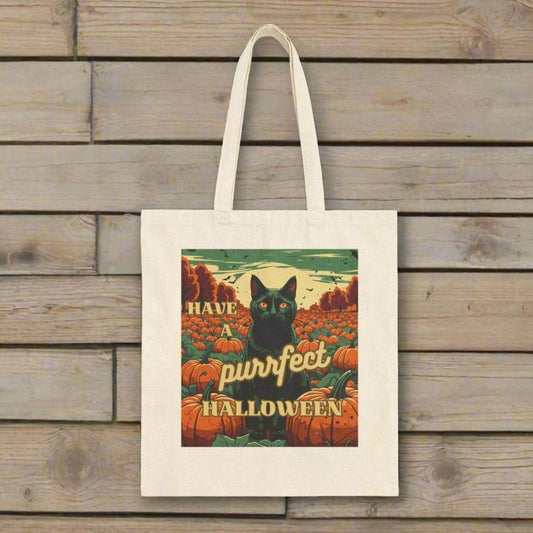 Purrfect Black Cat Halloween Cotton Canvas Tote Bag