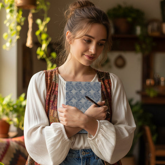 Woman holding a blue paisley journal and pen in a cozy indoor setting with plants.