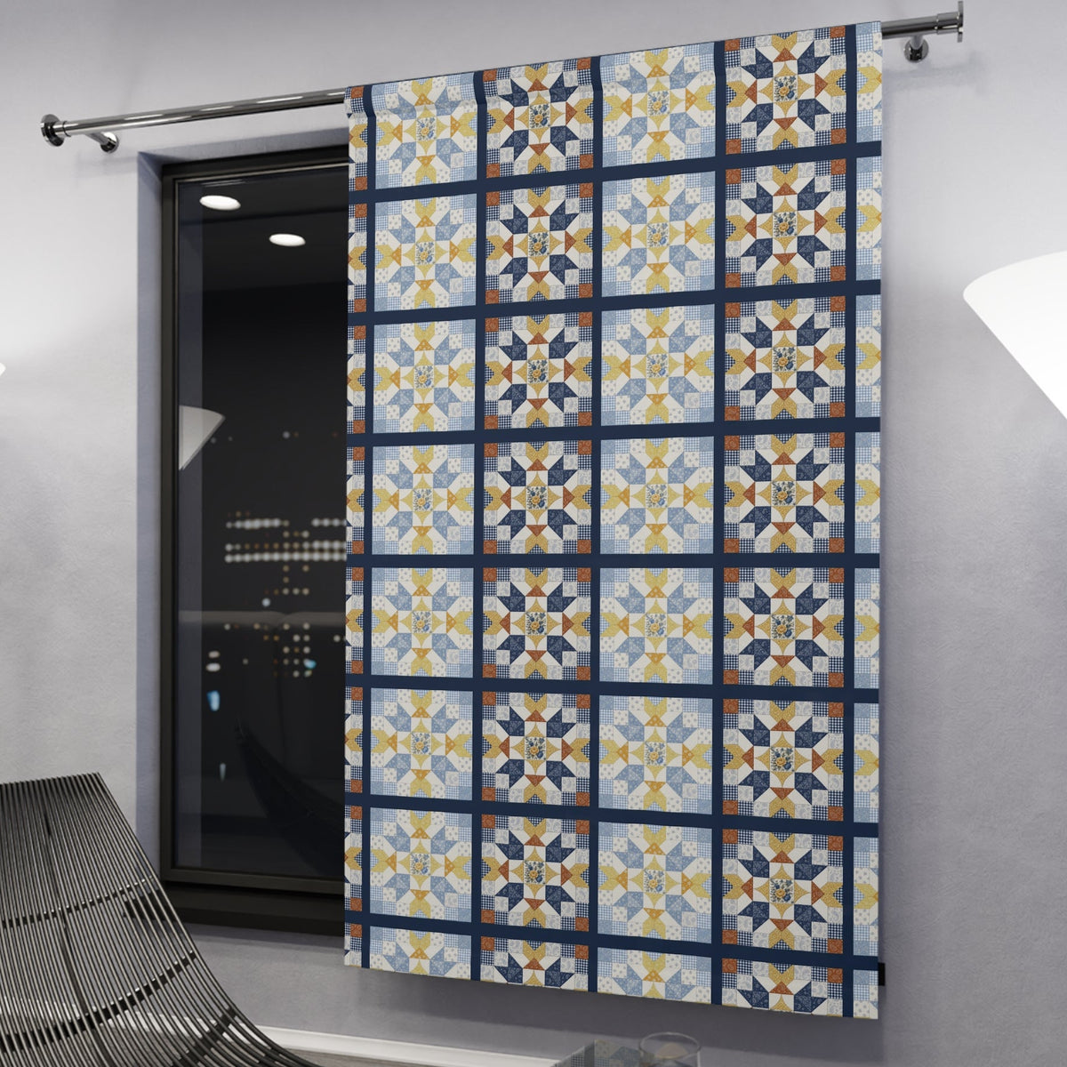 American Geometric Blues and Golds Patchwork Quilt Square Pattern PRINT Window Curtain – Blue & Yellow SINGLE Panel