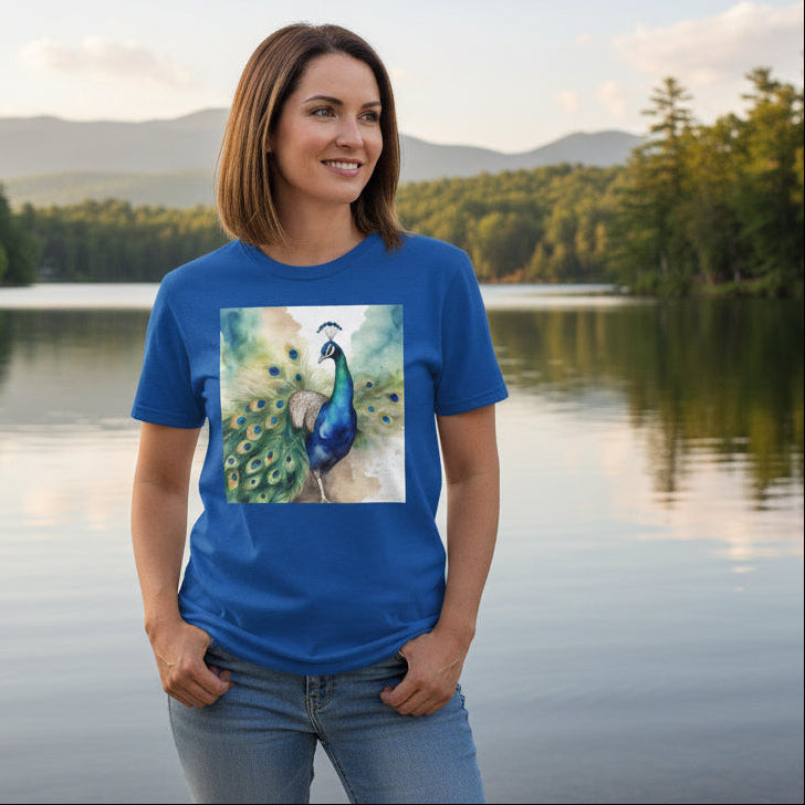 Watercolor of Proud Peacock Display Cotton T-shirt