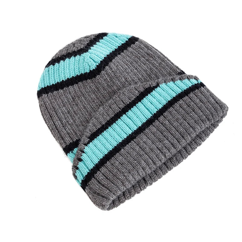 Gray beanie with blue stripes on a white background