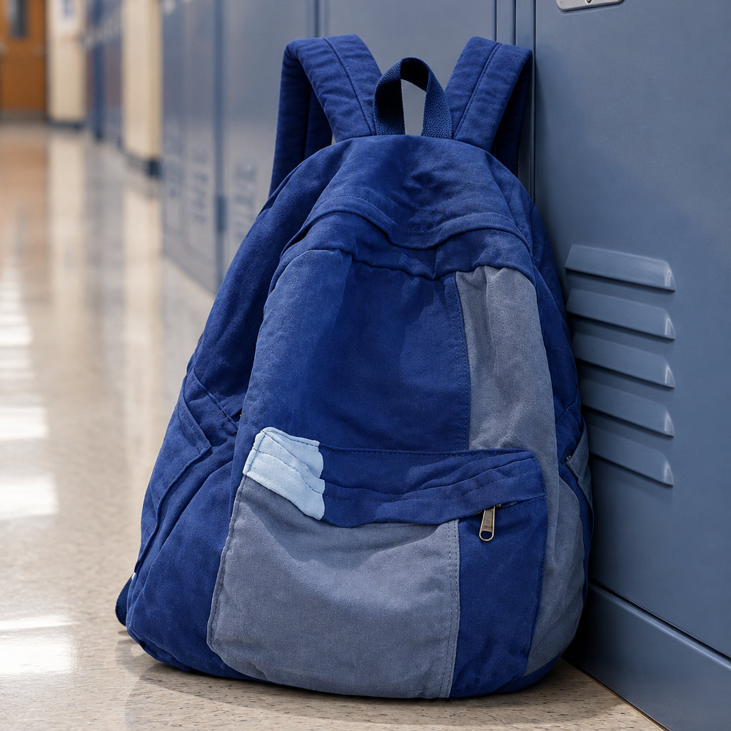 A  blue and gray backpack against a locker