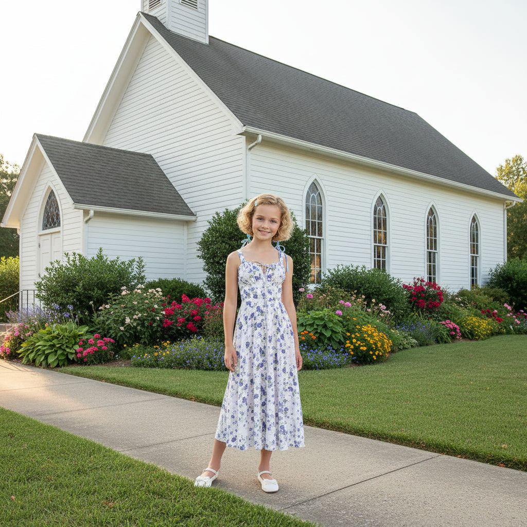 A girl wearing a sleeveless, midi-length A-line dress with a floral print, featuring thin shoulder straps, a sweetheart neckline, and a button-up front, shown in front of a white clapboard church.