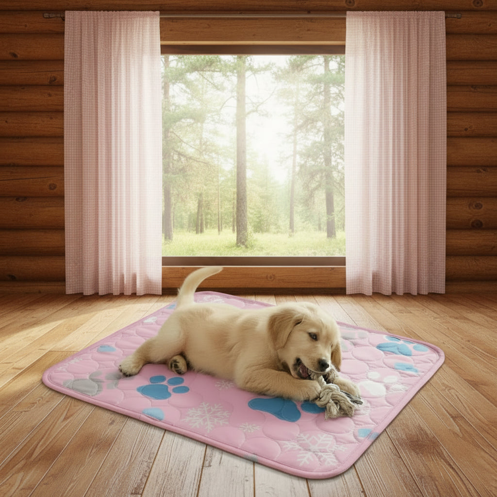 A golden retriever puppy lies on a pink quilted dog mat with paw prints and snowflake patterns in a bright living room, chewing a rope toy.