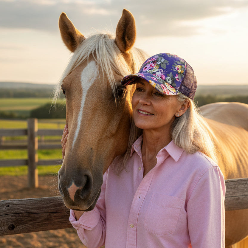 Floral-patterned cap in purple tones on a grey-haired woman standing by a light-gold horse.