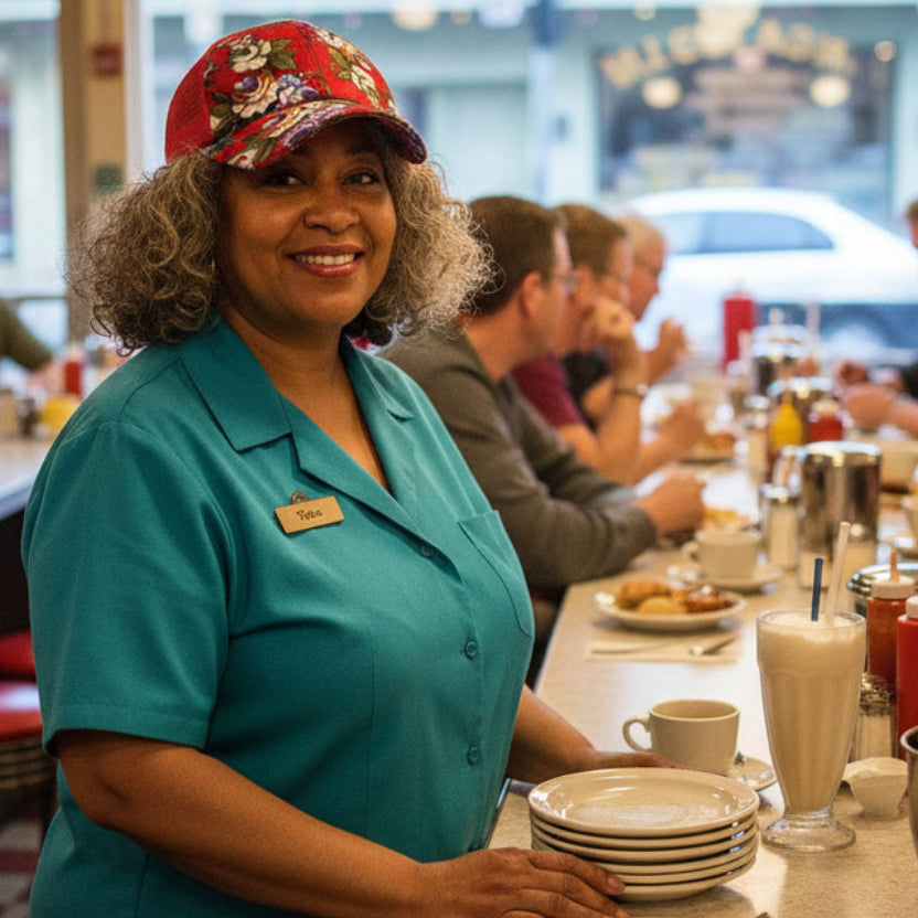 Red cap on the owner of a diner in New Orleans