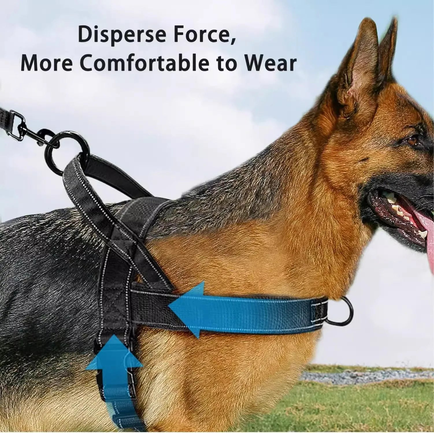 A German Shepherd wearing a black dog harness outdoors, with text reading 'Disperse Force, More Comfortable to Wear' and blue arrow graphics showing force distribution.