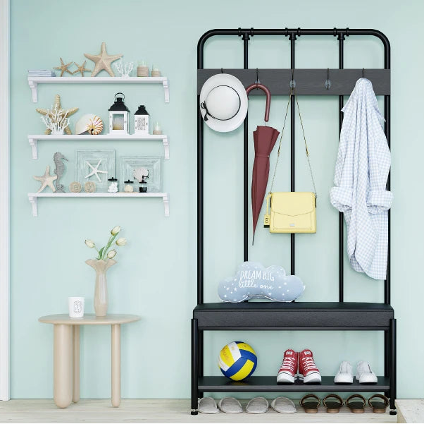 All-in-one hall tree with shelves and coat hooks in a modern living room setting, featuring the brand.